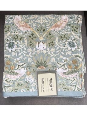 William Morris Co Bath Towels Strawberry Thief Green Velour 2 Pc Set NEW